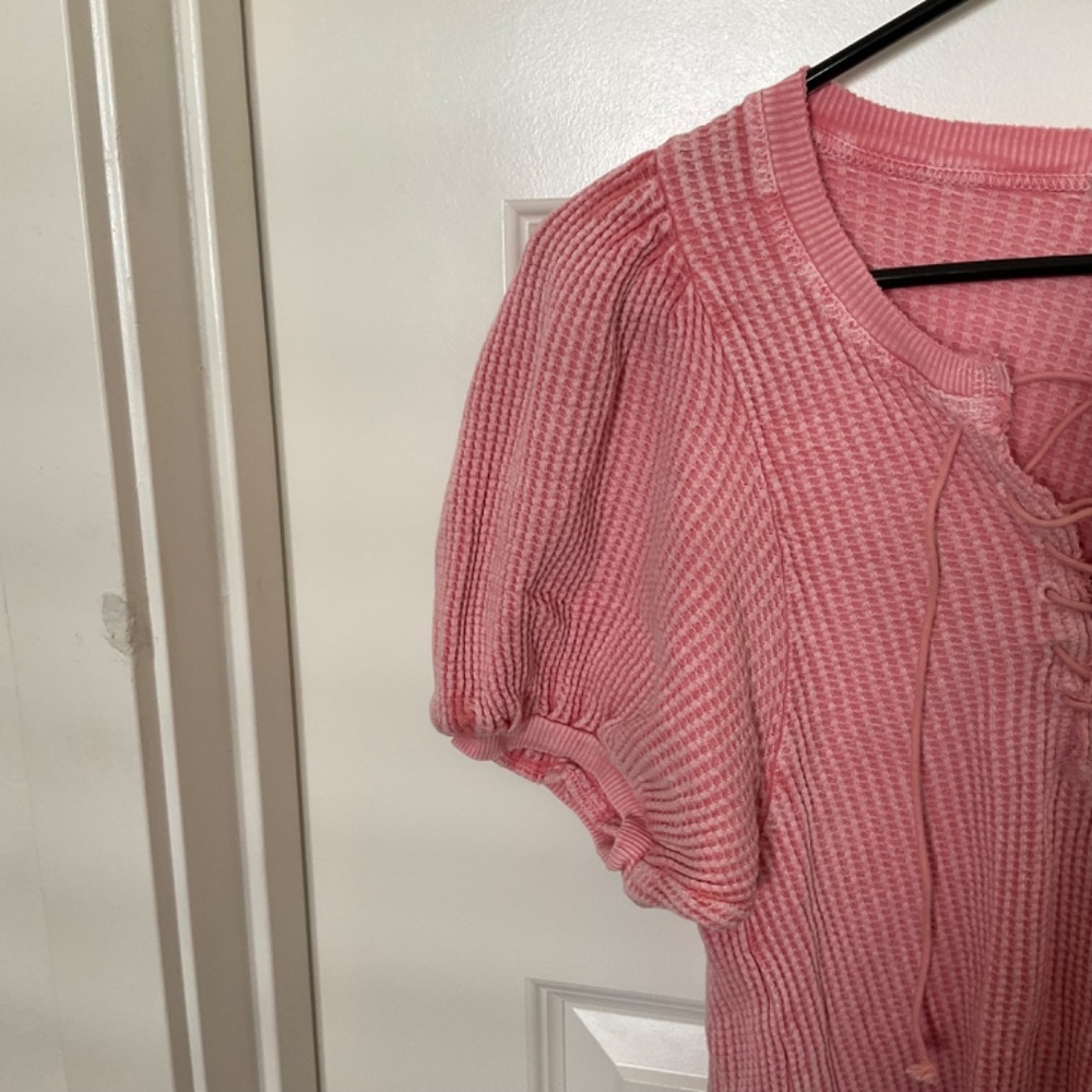 Free‎ People FP One Hayden Pink Puff Sleeve Lace Up Thermal Top - Size XS - Picture 4 of 10